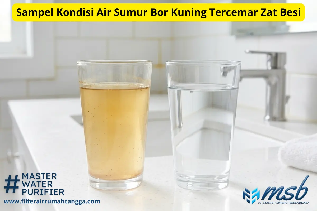 contoh sampel air sumur bor keruh dan berwarna kuning di dalam gelas bening akibat zat besi tinggi