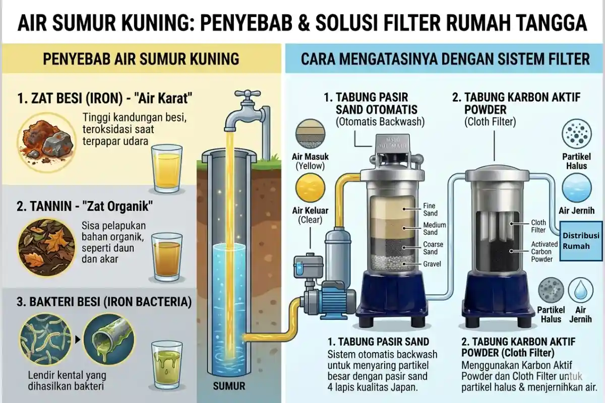 penyebab air sumur kuning akibat zat besi tinggi serta cara mengatasi air kuning dengan filter air rumah tangga