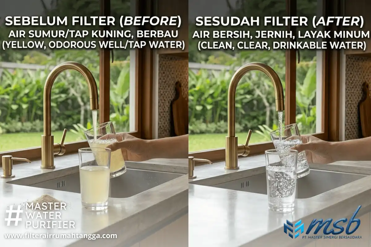 perbandingan air sumur bor sebelum dan sesudah menggunakan filter air