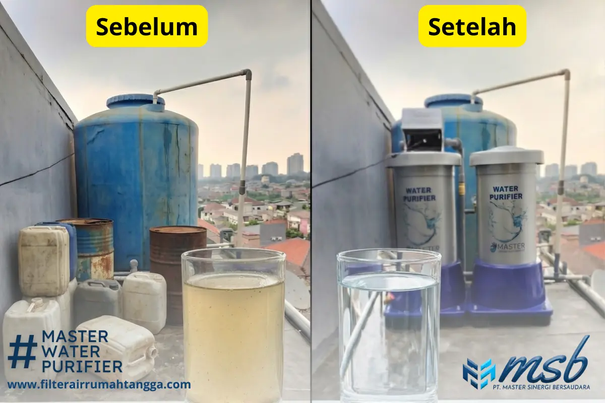 hasil air sumur lebih jernih setelah menggunakan sistem filter air rumah tangga