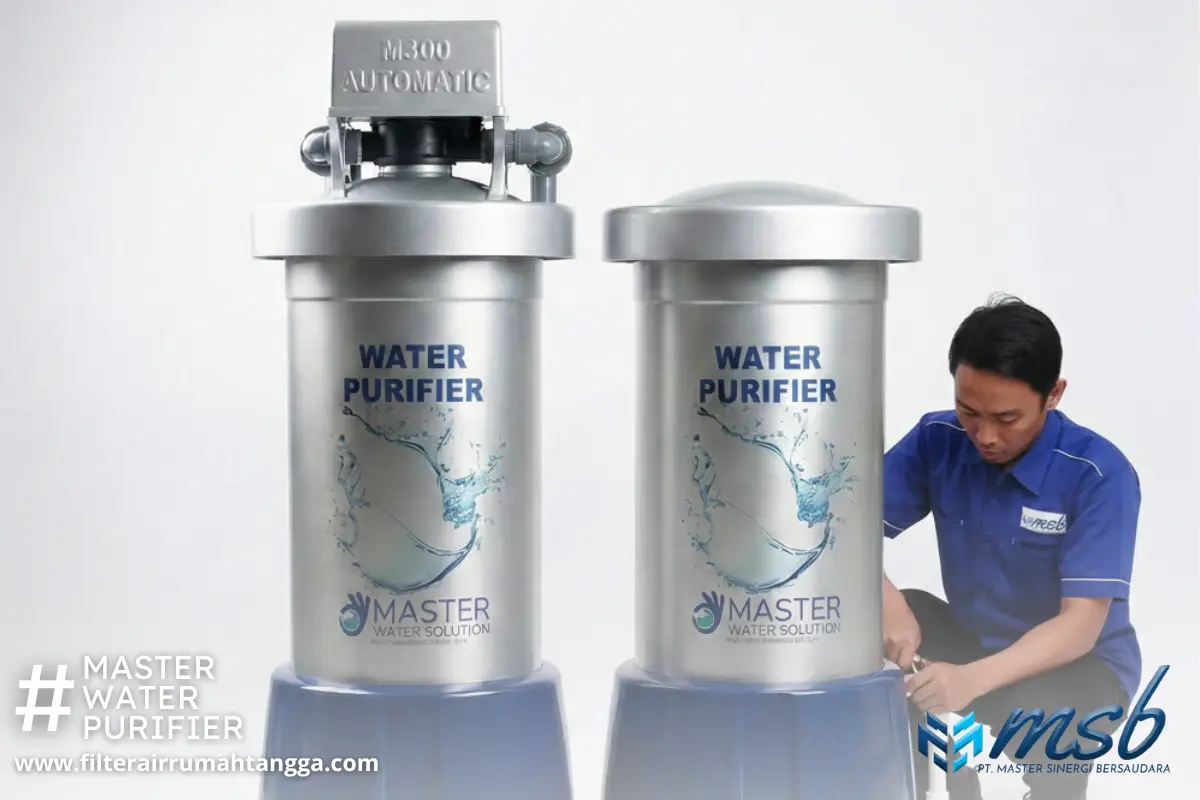 Instalasi filter air rumah tangga sistem tabung oleh teknisi profesional