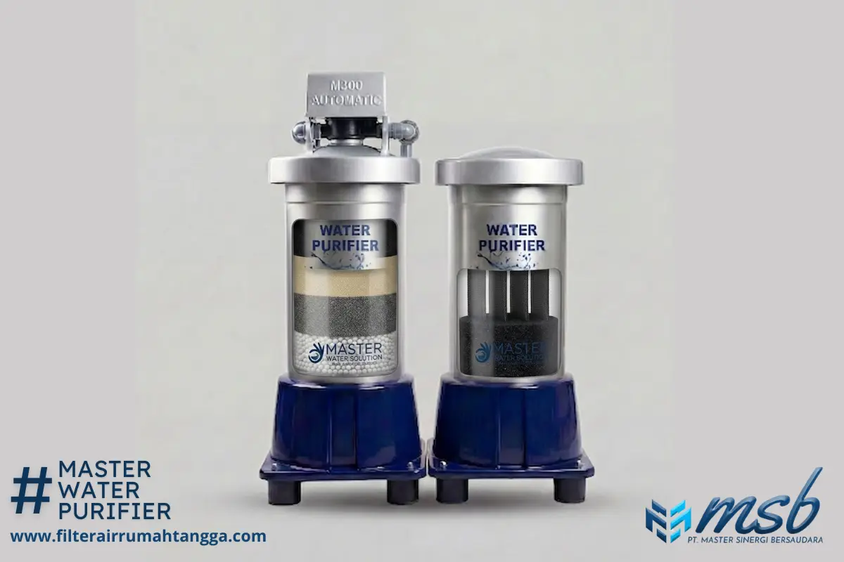 komponen filter air rumah tangga terdiri dari tabung filter, media pasir silika, karbon aktif dan valve
