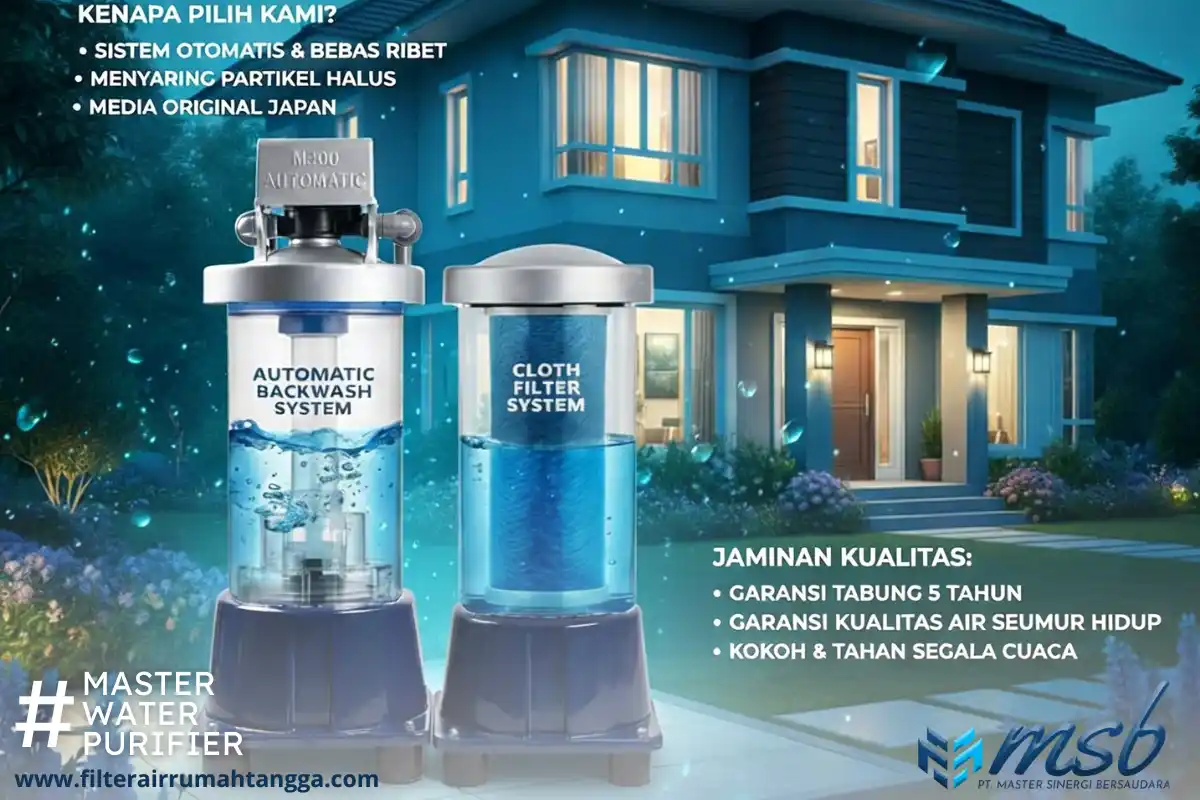 instalasi filter air dua tabung dengan media pasir silika dan karbon aktif untuk menjernihkan air sumur